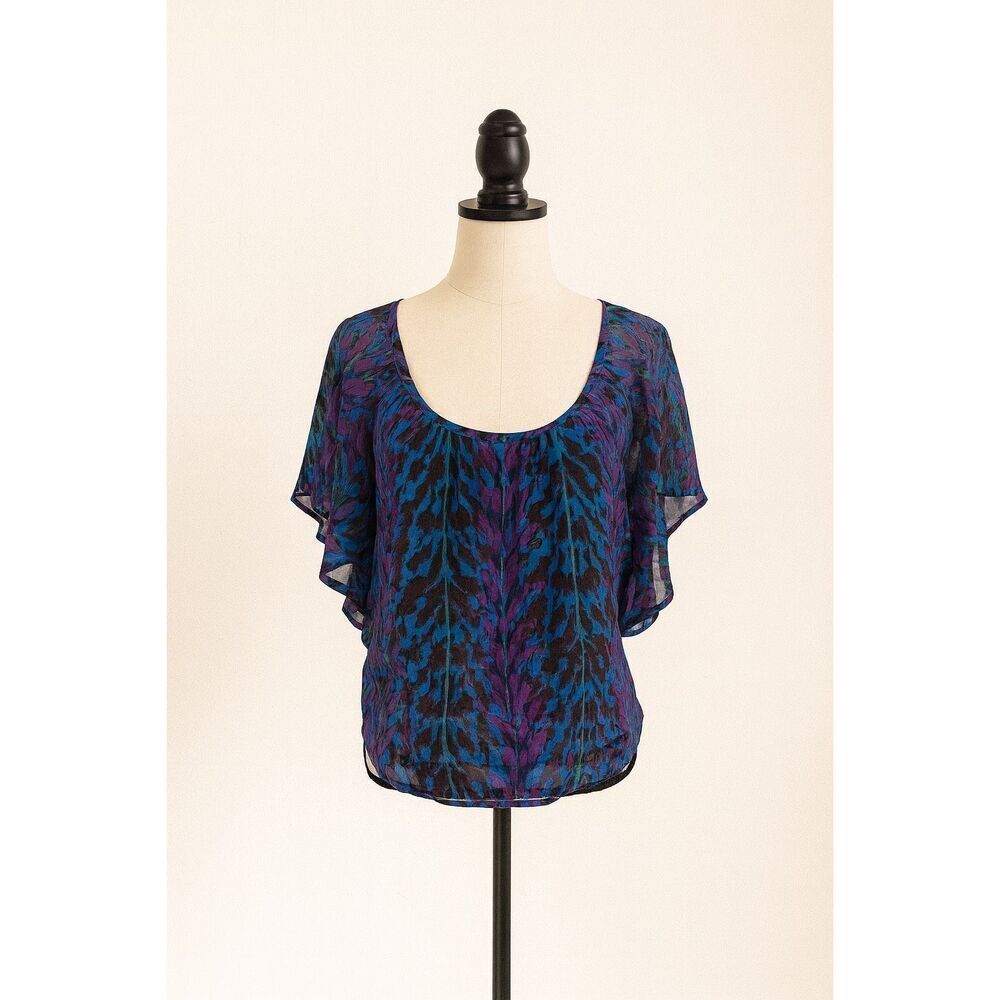 Express Abstract Sheer Overlay Blouse – Size XS – Purple Blue Green Flowy Top